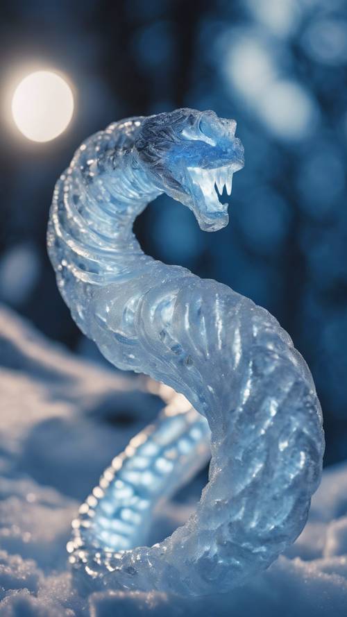 Un serpent mystique et lumineux fait de glace et de neige, avec des écailles bleues et blanches scintillantes sous le clair de lune.