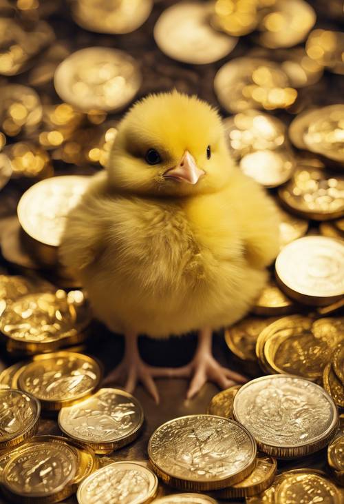Parıltılı bir altın para yığınının içinde duran kabarık, sarı bir piliç.