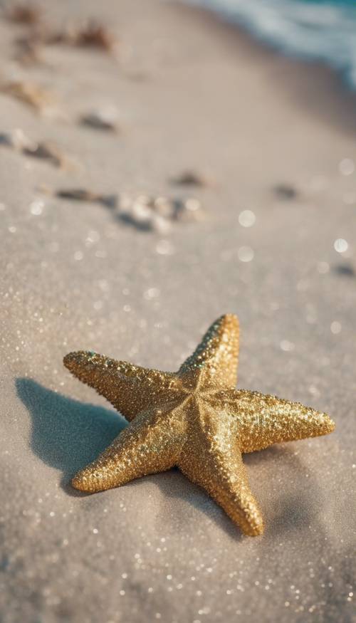 Golden starfish on a sandy beach, lightly dusted with turquoise glitter.