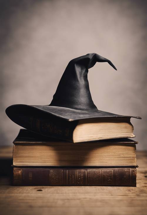 Pemandangan minimalis memperlihatkan topi penyihir di atas tumpukan buku tua.