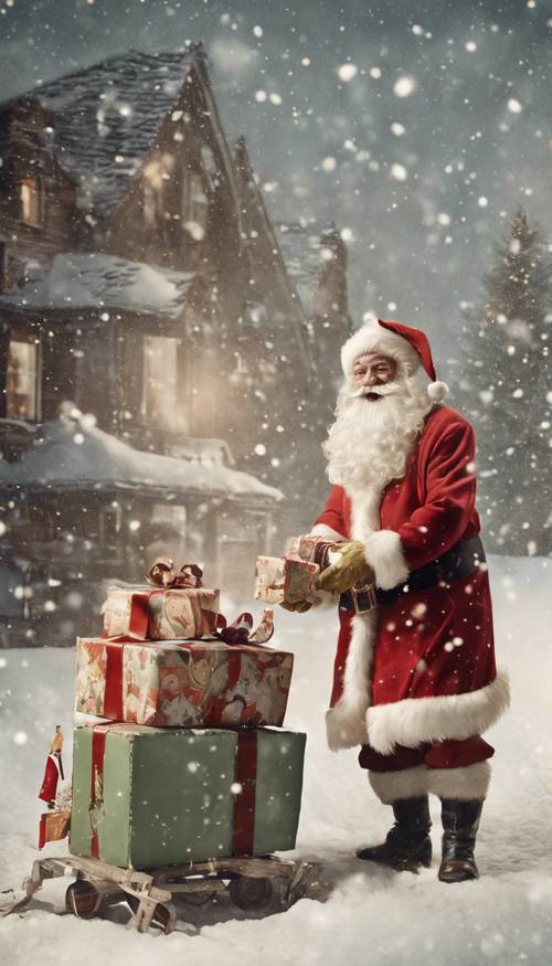 A weathered 1930s Christmas postcard depicting a jolly Santa Claus delivering presents amidst a snowy backdrop.