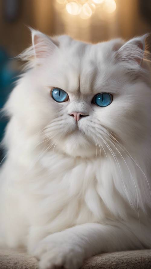 Biały kot perski o błyszczących niebieskich oczach, patrzący prosto w kamerę w ekskluzywnym, luksusowo urządzonym pokoju.