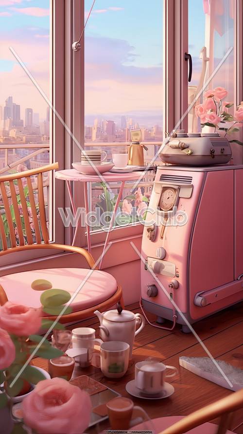 Scène de cuisine rose confortable avec vue sur la ville au coucher du soleil