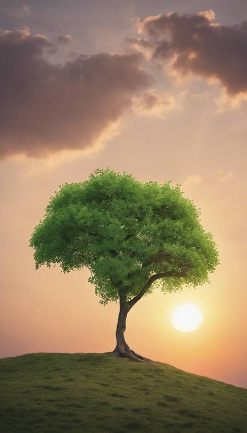 A green tree isolated on a hill, bathed in the light of a sunset. Tapeta [61d6370727f340ada6fd]