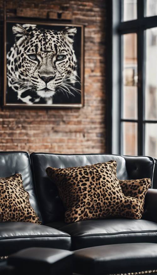 A loft-style urban apartment with edgy preppy leopard print throw pillows on a sleek black leather couch.