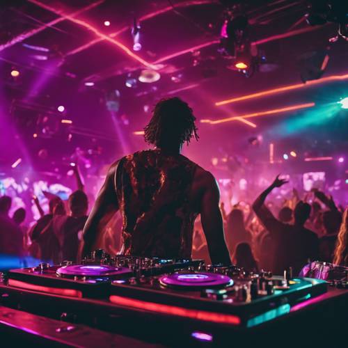 迈阿密一家夜总会充满活力的场景，到处都是跳舞的人们、耀眼的灯光和 DJ 播放的音乐。