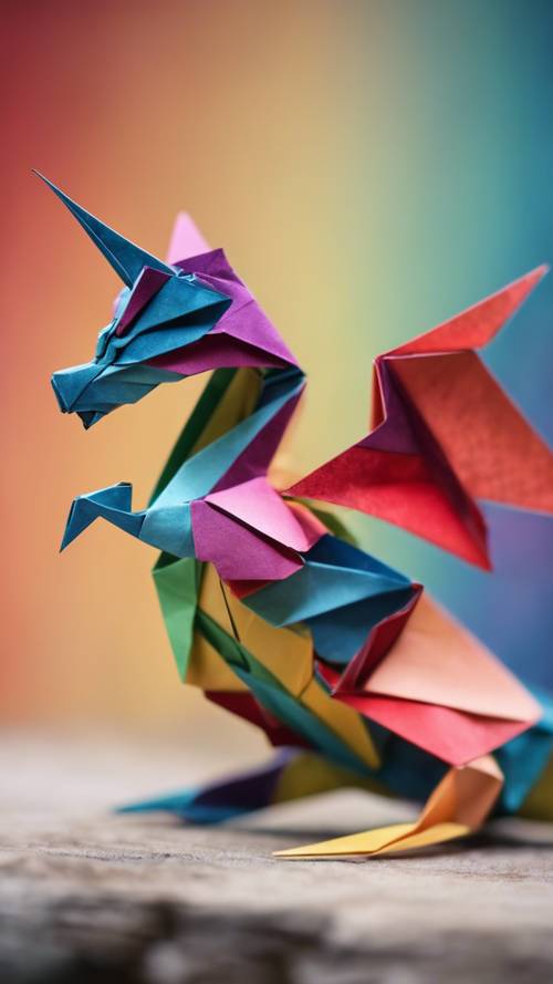 Un dragón de origami hecho de papel plegable de colores en un entorno artesanal japonés.