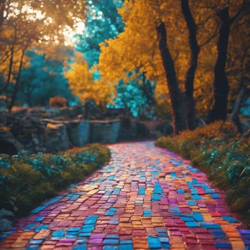 Uma longa e sinuosa estrada de tijolos coloridos em um cenário de fantasia.