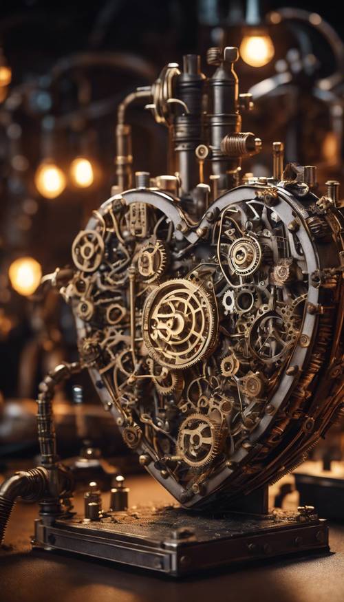 Un cœur finement modelé dans le style steampunk, comportant un labyrinthe d&#39;engrenages brillants et de tuyaux à vapeur, placé sous une douce lumière de lampe.