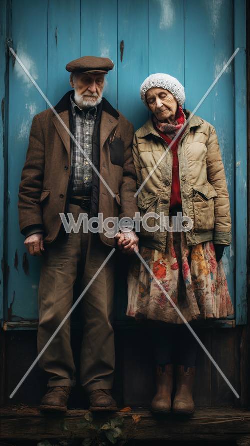 Amorosa pareja de ancianos tomados de la mano contra una puerta azul
