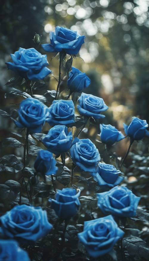 Un grappolo di rose blu che cresce in un mistico giardino gotico.