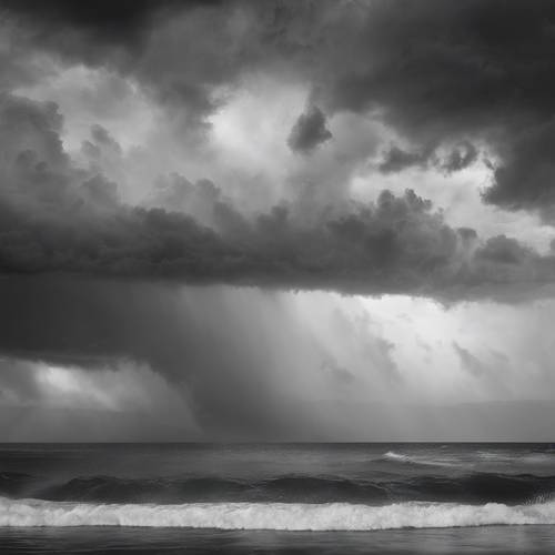 Photorealistic grayscale depiction of a tropical rainstorm approaching the coast. Tapet [949d097fdba142f8877c]
