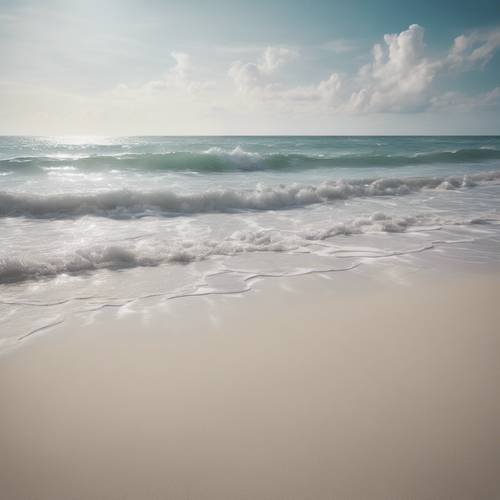 A serene beach scene with waves lapping onto a pristine, white sandy tropical beach.