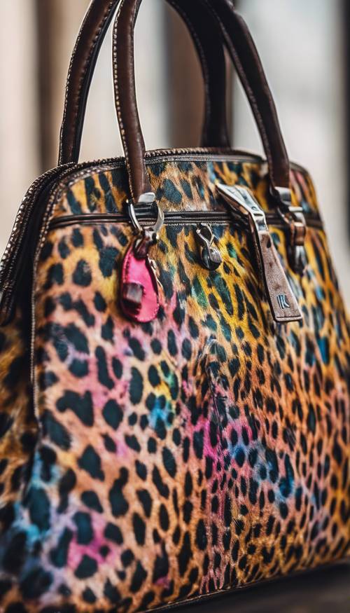 Ein mehrfarbiger Gepardendruck auf einer stylischen Handtasche.