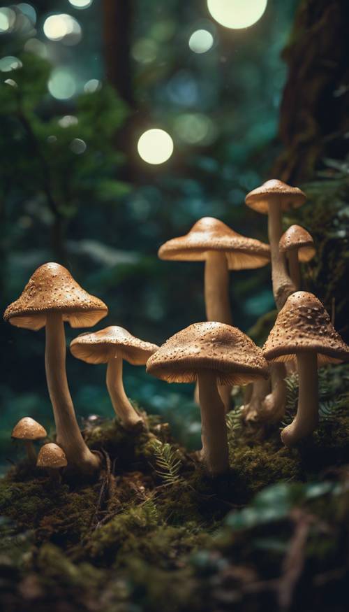 Grandi e mitici funghi con cappucci bioluminescenti che illuminano una scena notturna da sogno in un lussureggiante ambiente rurale.