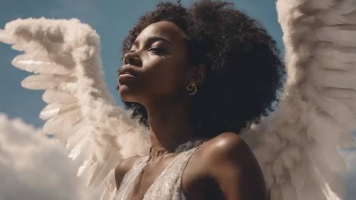Wizja czarnej dziewczyny z anielskimi skrzydłami i aureolą unoszącą się w chmurach.