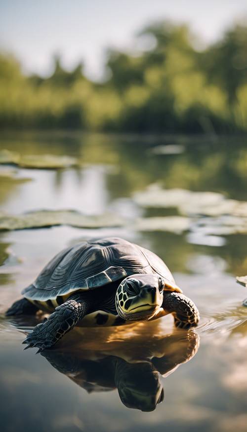 Một chú rùa con dễ thương đang bơi lội trong ao nước trong vắt.