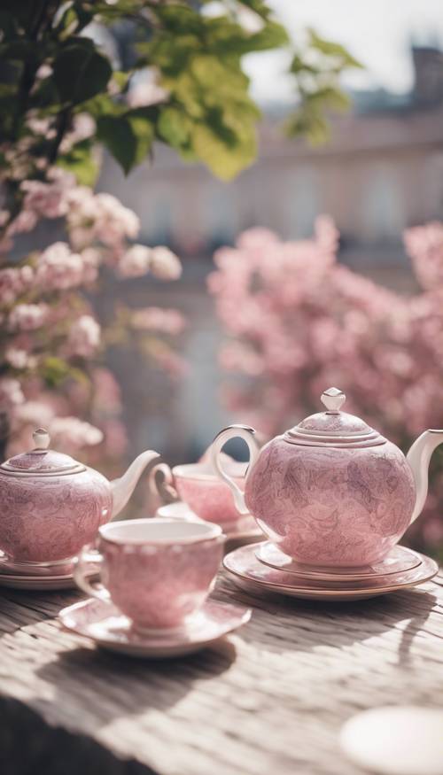 Um elegante serviço de chá com delicados padrões paisley rosa, servido num terraço durante a primavera.