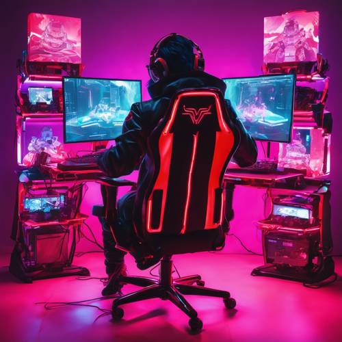 The view from behind a gamer sitting on a red chair and playing on a white gaming setup decorated with LED lights