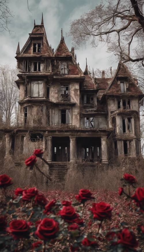 Una mansión gótica abandonada rodeada por un bosque de árboles muertos con rosas carmesí.