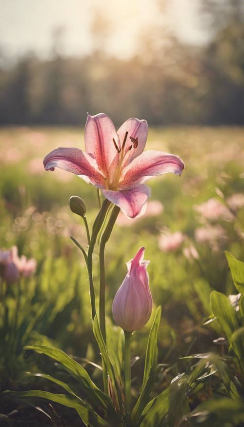 ดอกลิลลี่สีชมพูดอกเดียวที่เติบโตอย่างแข็งแกร่งในทุ่งหญ้าที่มีแสงแดดส่องถึง