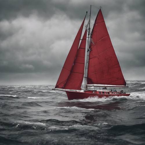 Una barca a vela rossa dipinta magistralmente che naviga su un mare grigio e tempestoso.