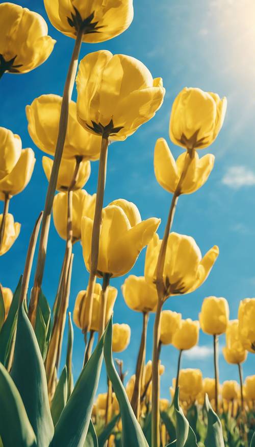 Un dipinto astratto di tulipani gialli sotto il cielo azzurro estivo.