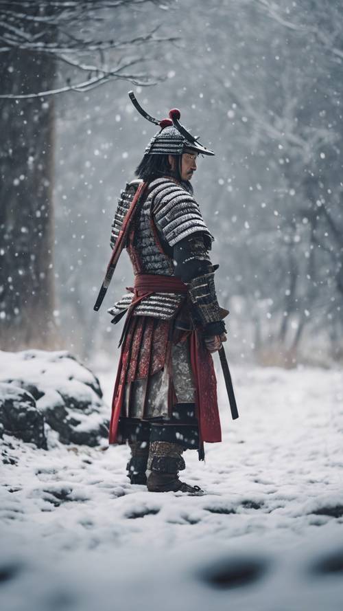 Самурай стоит на снегу в традиционных доспехах.