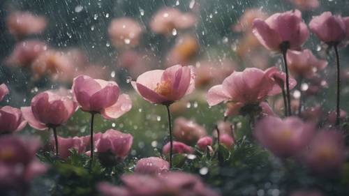 A serene garden during a soft rain, 'Serenity comes when you trade expectations for acceptance' etched in petals of blooming flowers. Divar kağızı [a984e6c8adaa46c2bd50]