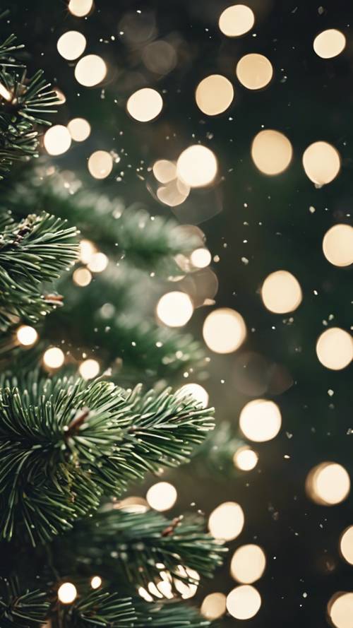 クリスマスツリーの緑の針にきらめく白いクリスマスライトおしゃれでかわいい壁紙