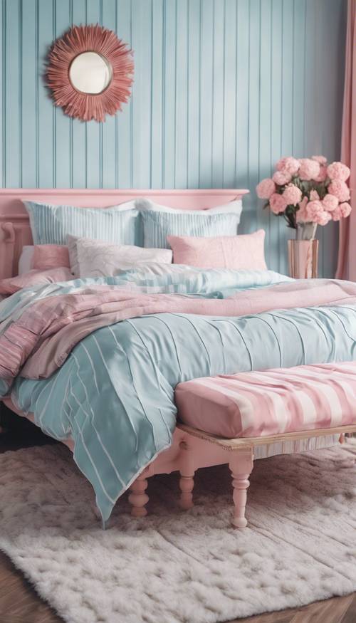 Chambre BCBG aux tons bleu pastel et rose avec literie à rayures et mobilier vintage.