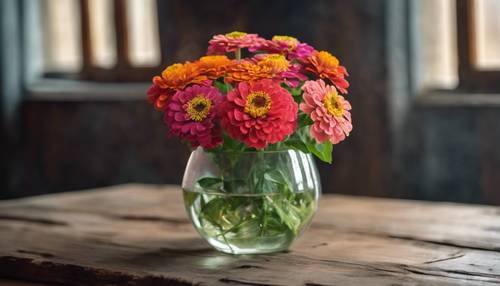 明るいジニアの花束が入ったガラスの花瓶が古めかしい木製テーブルの上に