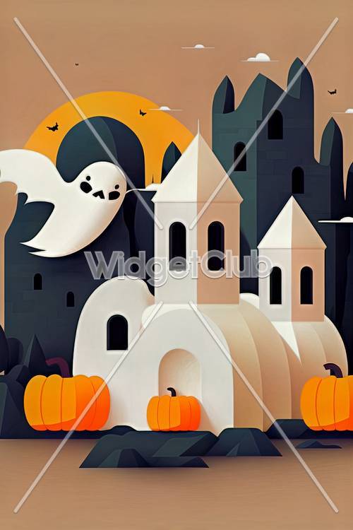 Espeluznante castillo de Halloween y fantasma con calabazas
