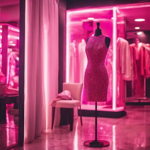 A dashing neon pink cocktail dress on a mannequin in a designer boutique.