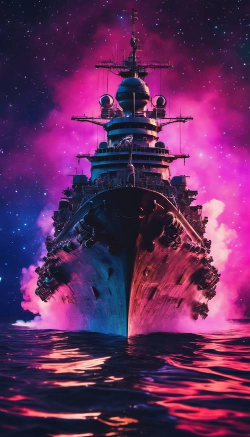 Sebuah kapal perang berlayar di lautan asap neon di bawah langit malam berbintang.