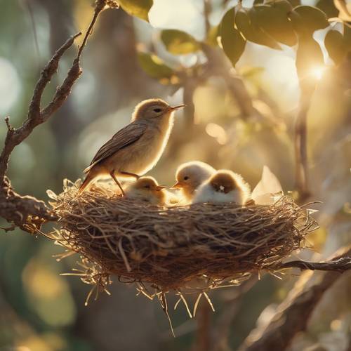 A fairy quietly humming a soothing melody to a nest of sleeping bird chicks in the golden afternoon light.
