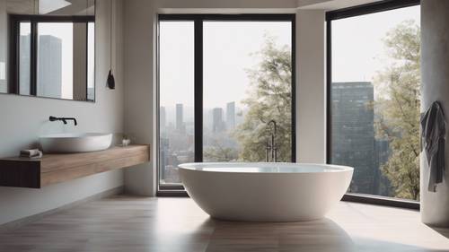Phòng tắm tối giản và thẩm mỹ với bồn tắm đứng gần cửa sổ kính suốt từ trần đến sàn.