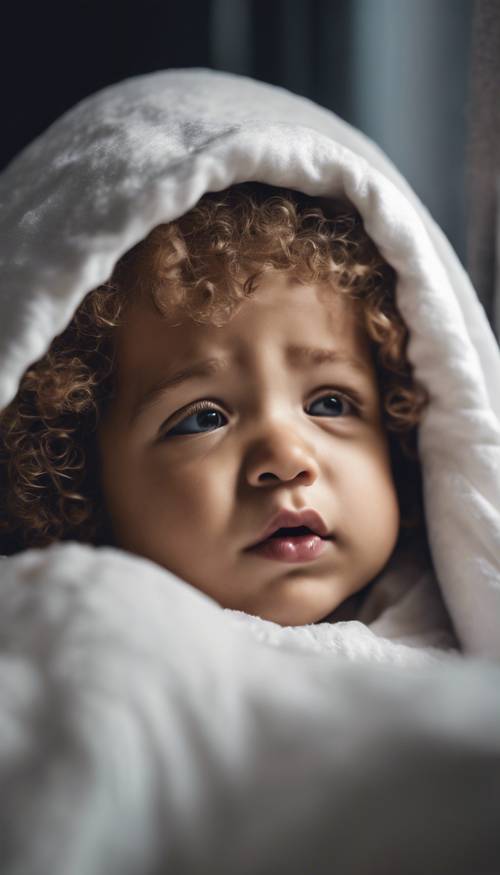 Un enfant aux cheveux bouclés dort paisiblement sous une couverture blanche, un faible clair de lune regardant par la fenêtre.