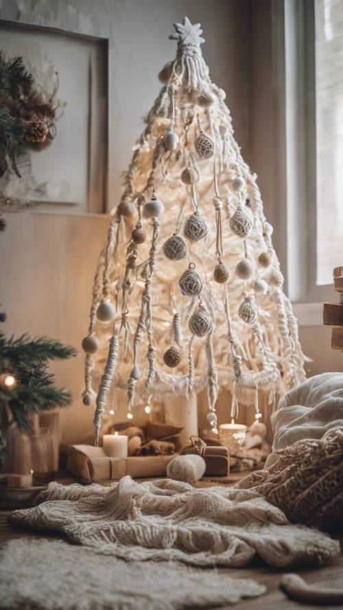 Uma árvore de Natal branca adornada com decorações feitas à mão em macramê em um quarto de inspiração boho.