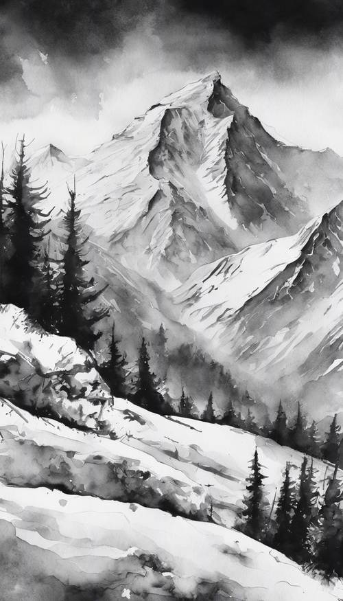 Un dipinto ad acquerello dinamico e vibrante in bianco e nero di una potente montagna innevata.