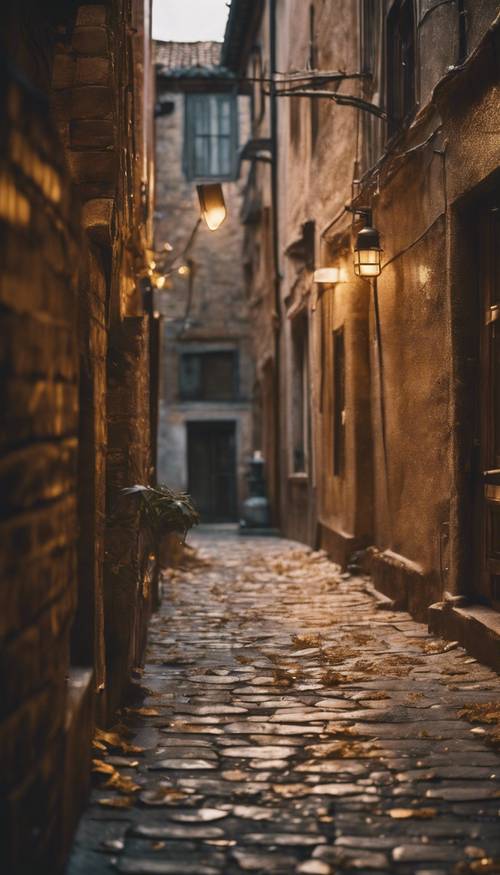 An atmospheric alleyway in an old city, with walls that have a gold leaf texture.