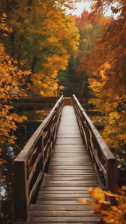 A wooden bridge over a peaceful pond surrounded by fall foliage encapsulates 'Success is not the key to happiness. Happiness is the key to success'. Wallpaper [6515993228c24ec19acb]