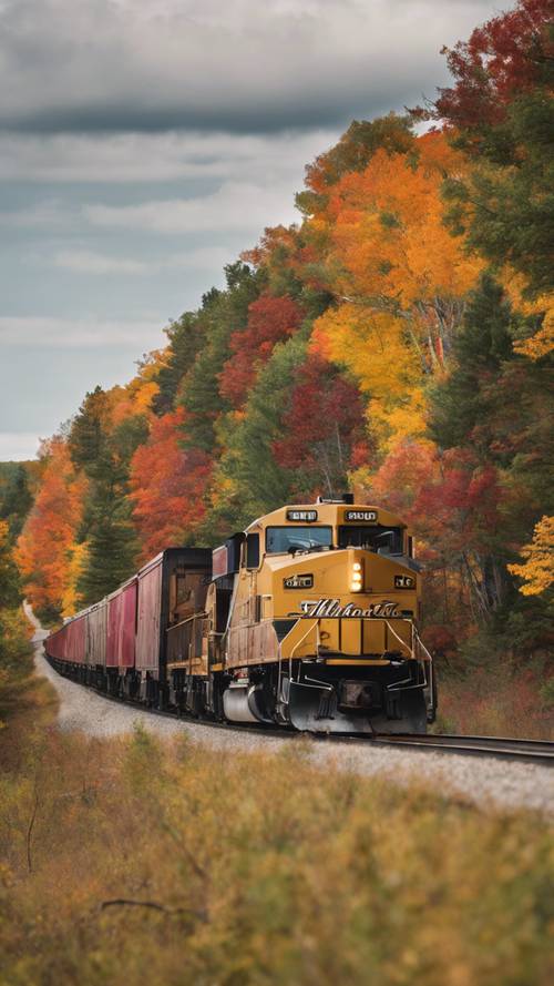 Jesienny kolorowy pociąg wycieczkowy przemierza malowniczy Górny Półwysep Michigan.