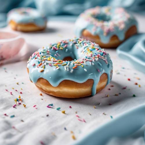 A pastel blue iced doughnut with sprinkles on a white tablecloth.
