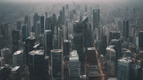 Eine atemberaubende Luftaufnahme einer weitläufigen Stadtlandschaft voller eleganter, moderner Wolkenkratzer unter einem bewölkten Himmel.