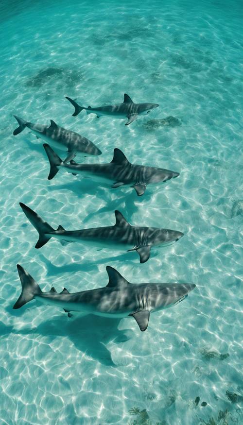 Eine Draufsicht auf eine Gruppe Grauhaie, die friedlich im türkisfarbenen Wasser der Bahamas leben.