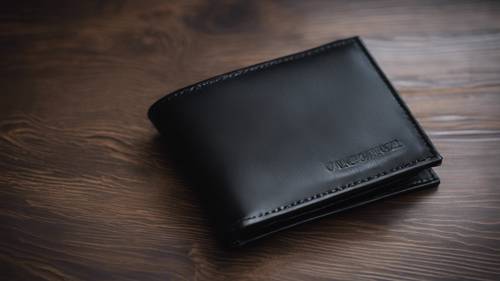 Elegancki czarny skórzany portfel na stole z ciemnego drewna.