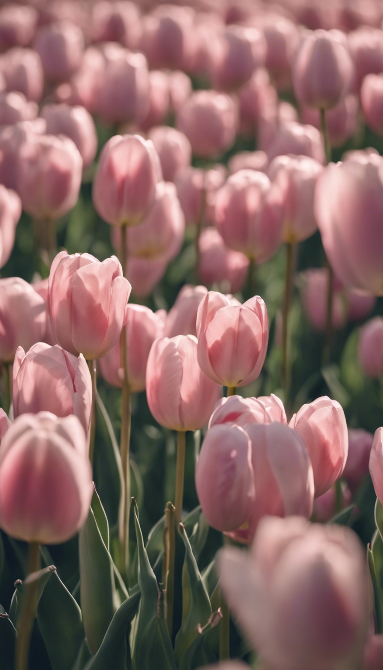 A field filled with pastel pink tulips swaying gently in the breeze.壁紙[bc39b48046de4eedad2a]