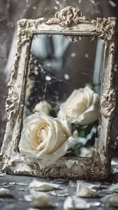 Bouquet of white roses reflected in a broken mirror against a grunge background.