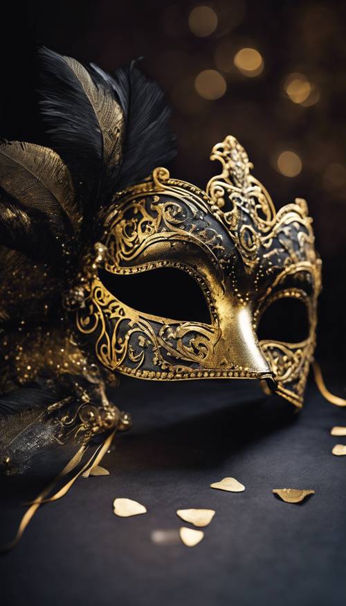 Eine geheimnisvolle schwarz-goldene Maskenmaske auf dunklem Hintergrund.